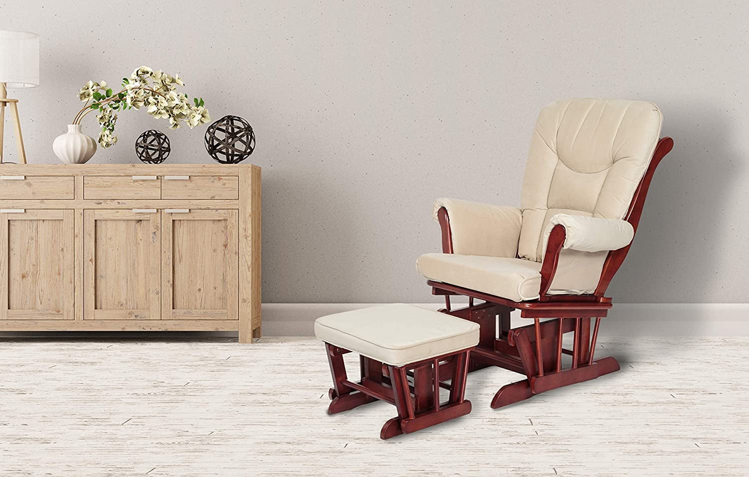 AFG Baby Furniture Sleigh Glider Chair and Ottoman Cherry with Beige Cushions