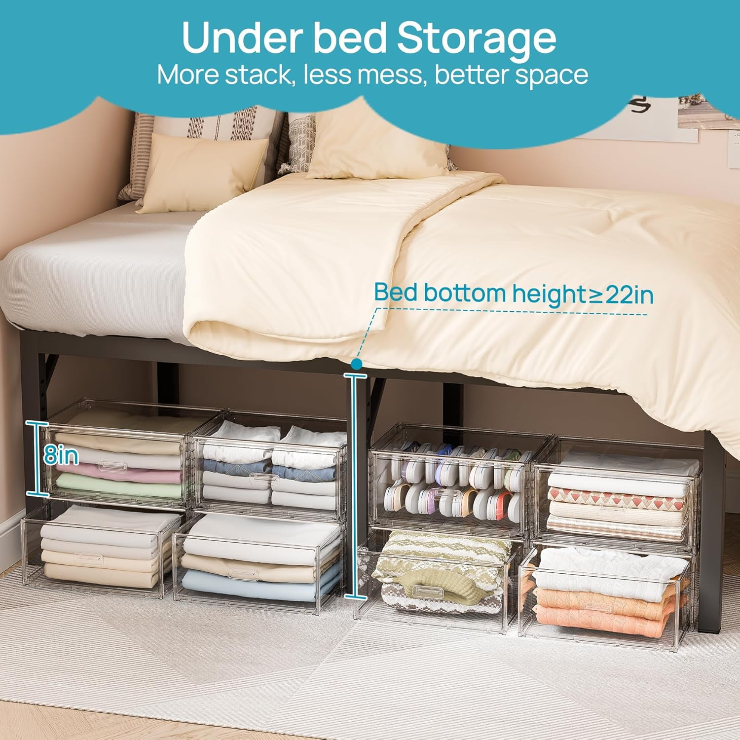 JessieMal 2 Pack Large Clear Stackable Storage Drawers 27QT, Easily Assemble Plastic Closet Storage Bins, Dust-Proof UnderBed Organizer for Clothing, Sweater Organization