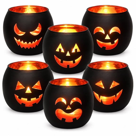 Black Glass Jack O Lantern Votive Candle Holder Set of 6
