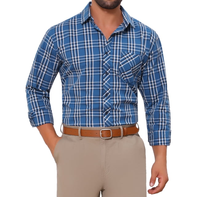 CAMISA DE VESTIR DE MANGA LARGA A CUADROS PARA HOMBRE INSPIRAR CHIC, CON COLLAR PUNTA Y BOTONES, ESTILO A CUADROS, TAMAÑO M, AZUL OSCURO