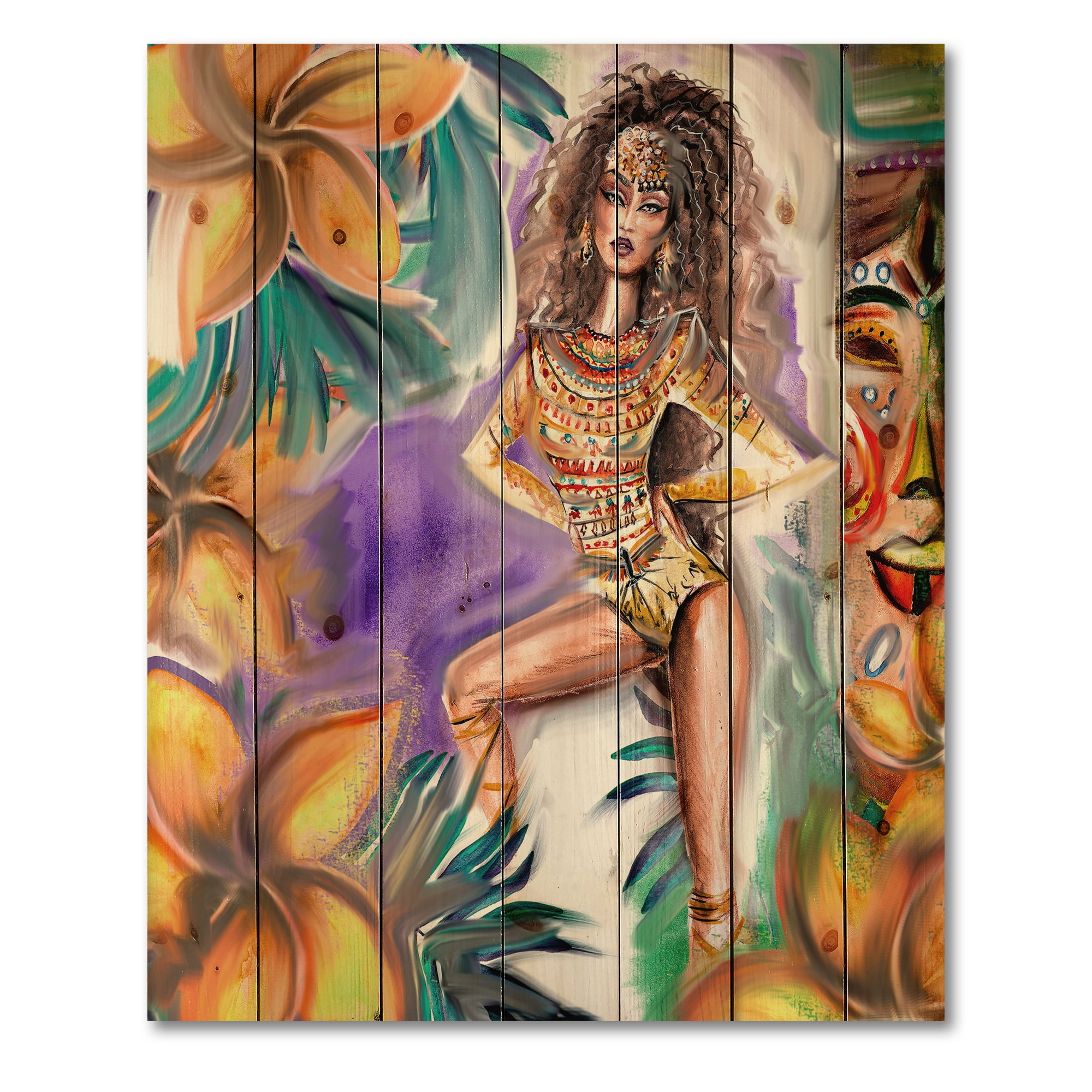 Designart 'Tropical Amazon Warrior Woman ' Traditional Print on Natural Pine Wood