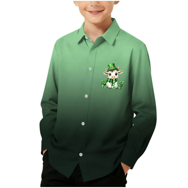 Chemise Décontractée pour Garçons, Chemise à Manches Longues pour la Saint-Patrick, Haut à Imprimé Dégradé pour Enfants, Chemise de Mode à Col Rabattu pour les Vacances, Anniversaire, Usage Quotidien