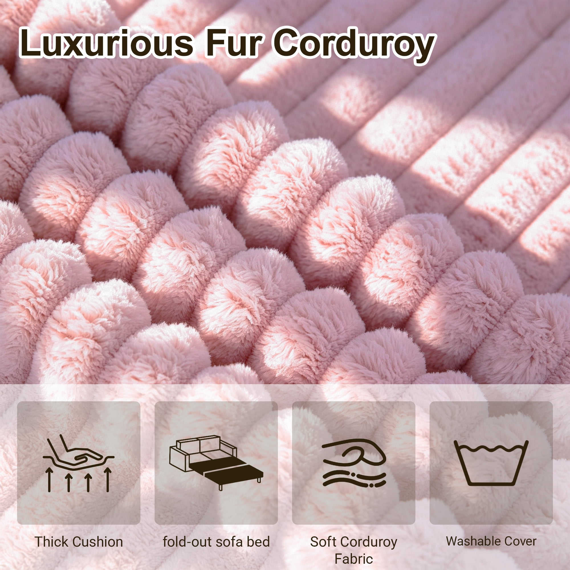 55" Convertible Futon Sofa Bed,Folding Boneless Couch with Sleeper Sofa,Fold Out Floor Sofa with Deep Seat,Cloud Corduroy Foldable Mattress Couch for Living Room,Pink