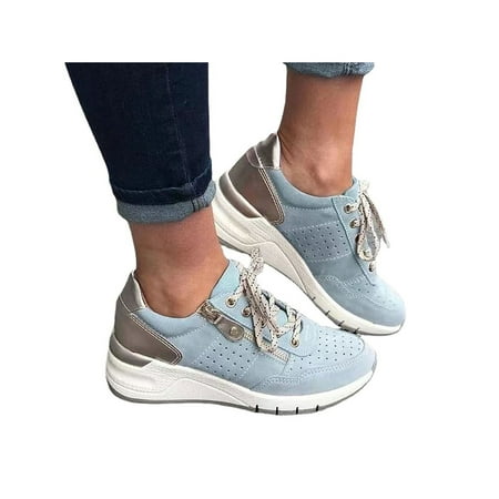 

Welliumy Ladies Athletic Shoe Wedge Platform Sneaker Zipper Sport Shoes Work Casual Sneakers Jogging Non-slip Lace Up Light Blue 4