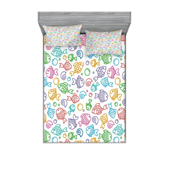 Ambesonne Fish Fitted Sheet & Pillow Sham Set, Funny Fish Aquaic Motif, Queen, Multicolor