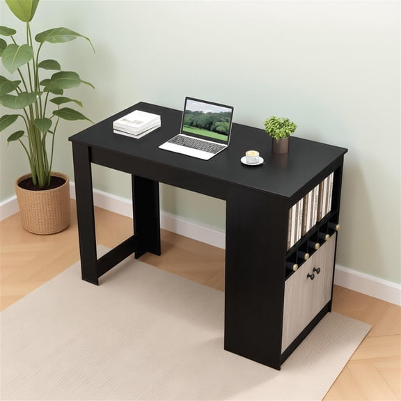 Demi Bonn 48 Inch Bar Table, Storage Cabinet with Wine Rack, Modern Home Bar Dining Table, Black