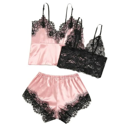 

Frehsky pajamas for women 3PC New Women Lace Stain Lingerie Camisole Wireless Bra Shorts Thong Pajamas Set Pink
