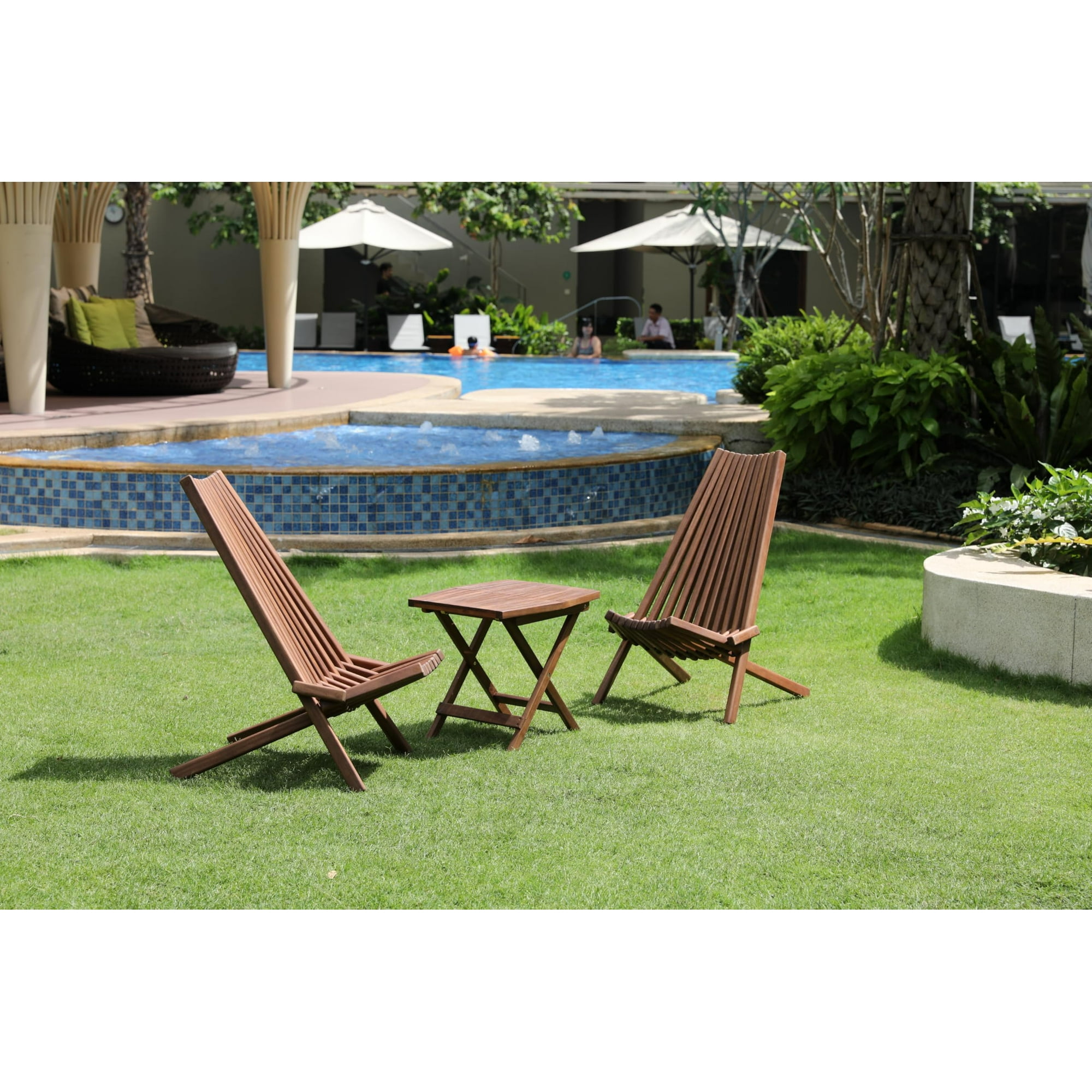 Melino Wooden Folding Tamarack Chair Low-Profile Outdoor Lounge Seating, Chestnut, 2 Pack