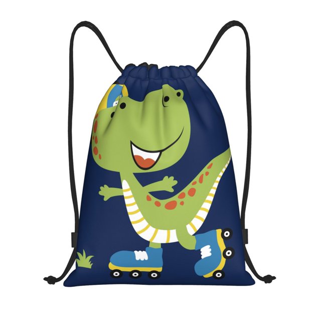 Lukts Dino Playing Roller Skate Pattern Drawstring Backpack Bag Sport Gym Sackpack,String Backpack Sport Bag Sack,Cinch Tote Gym Backpack-Medium