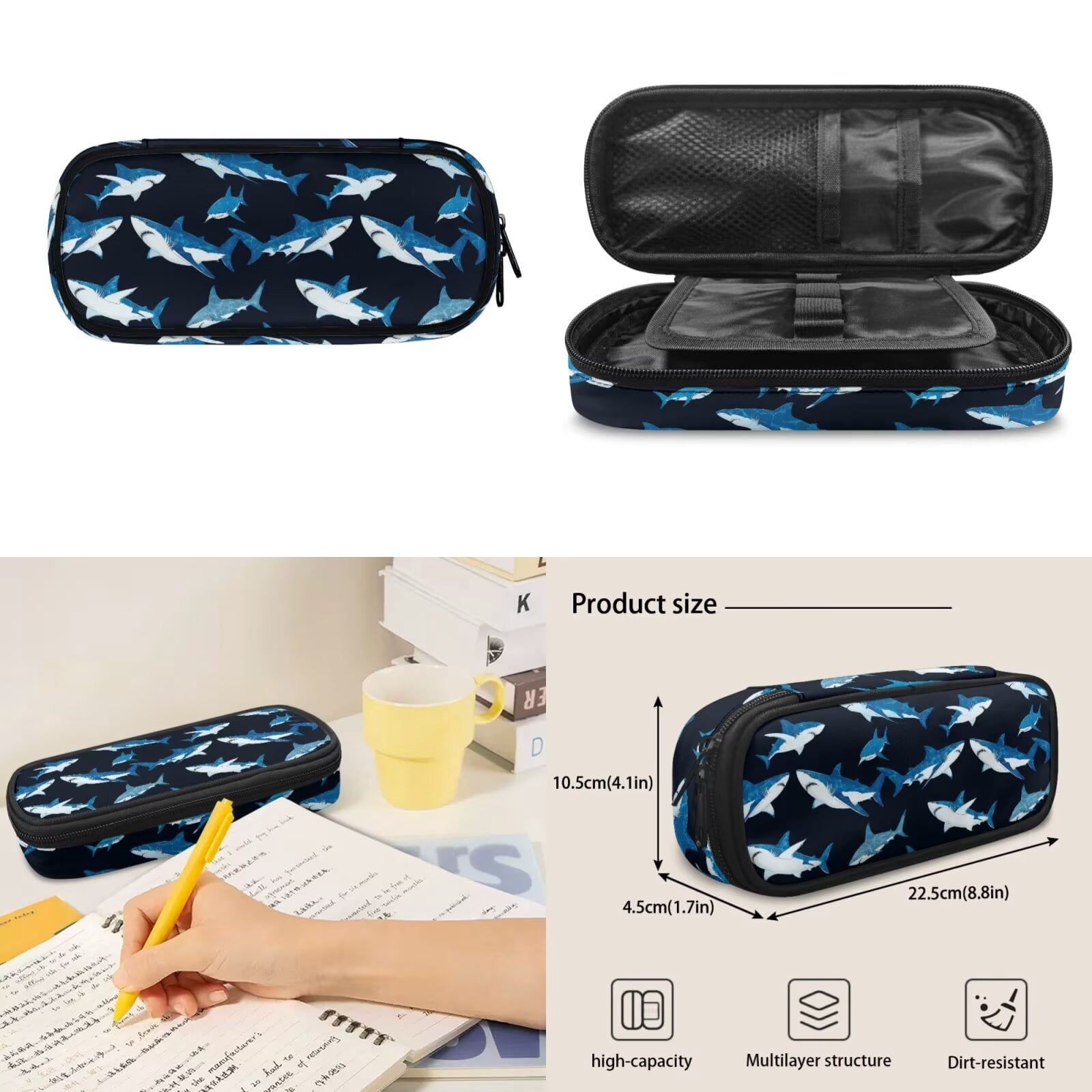 Pzuqiu Shark Print Cute Back Pack Backpacks for Boys with Lunch Box Pencil Bag Water Bottle Holder 17 Inch School Backpack for Boy 4 Pcs Daypack Travel Bag for Kids 8-12
