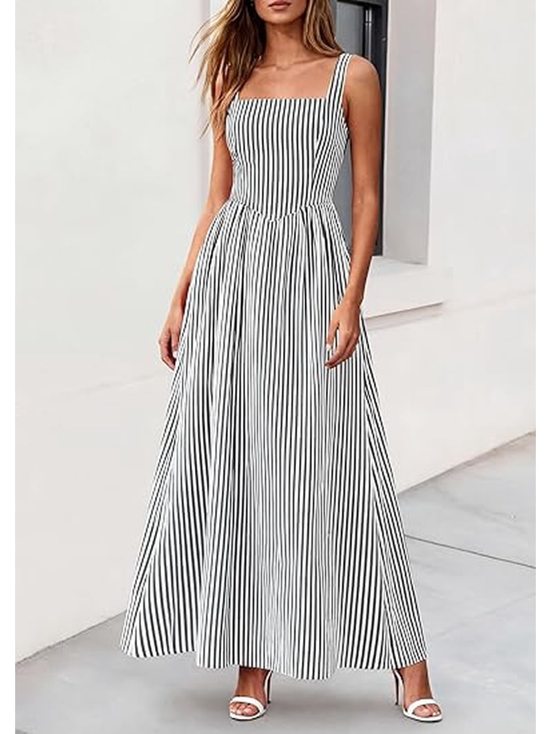 Prettygarden Women's Maxi Striped Dress Summer Sleeveless Square Neck Smocked A Line Long Flowy Spring Vacation Sundress, Size: Medium, Black