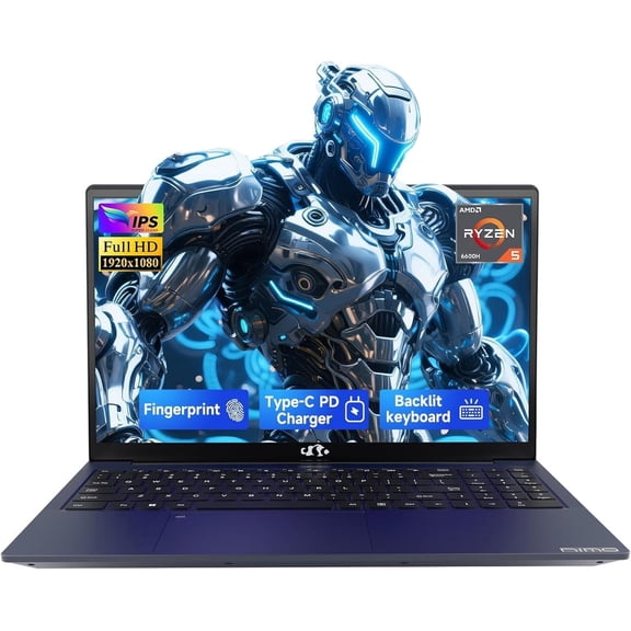 NIMO 15.6" IPS FHD AMD Ryzen 5 6600H 16GB DDR5 RAM 512GB SSD (6 Cores Up to 4.5GHz) AMD Radeon 660M GPU-Computer with 100W Type-C Gaming Laptop Backlit Keyboard Fingerprint