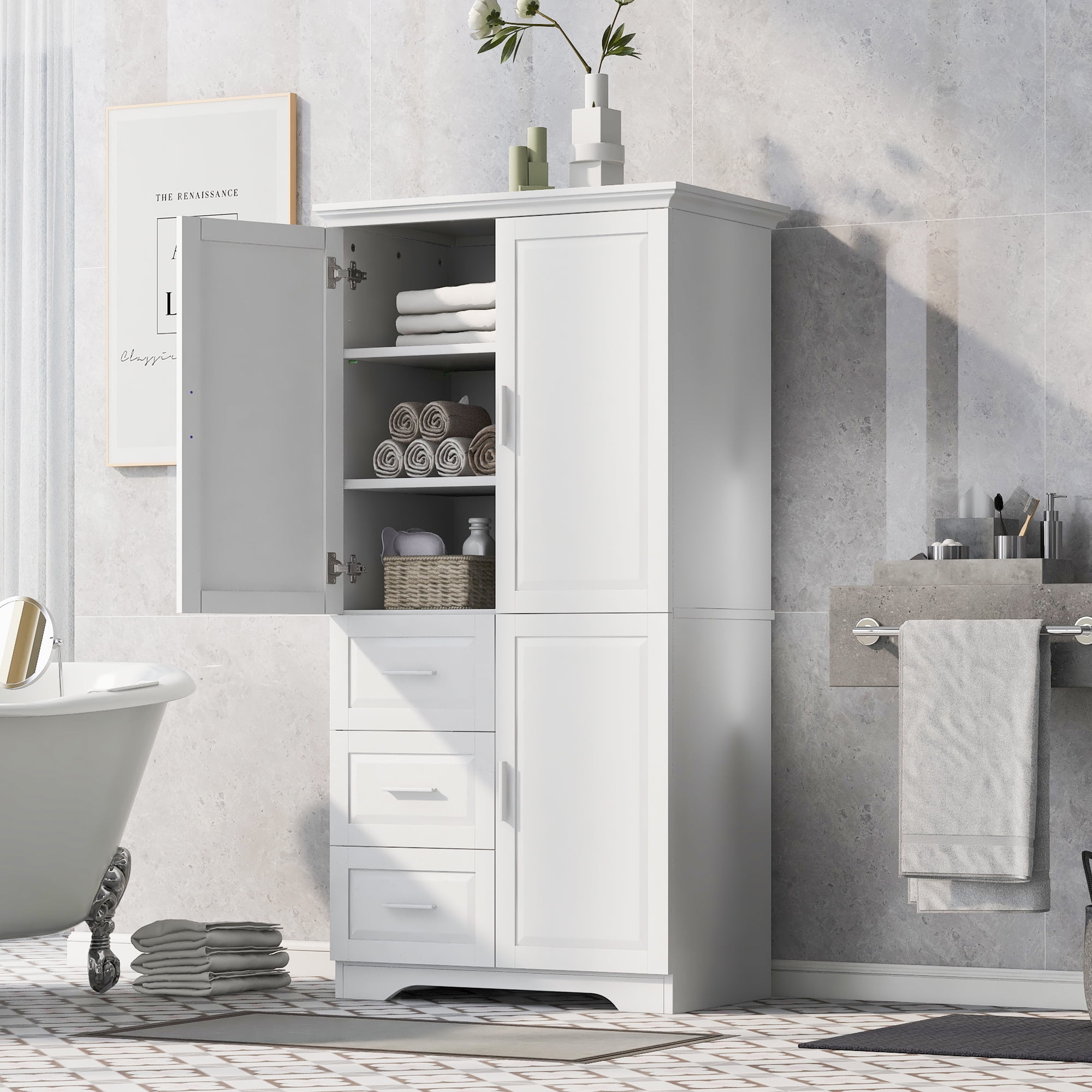 Harper & Bright Designs Tall and Wide Bathroom Storage Cabinet with Drawers and Doors, Modern Bathroom Floor Storage Cabinet with Shelf, White