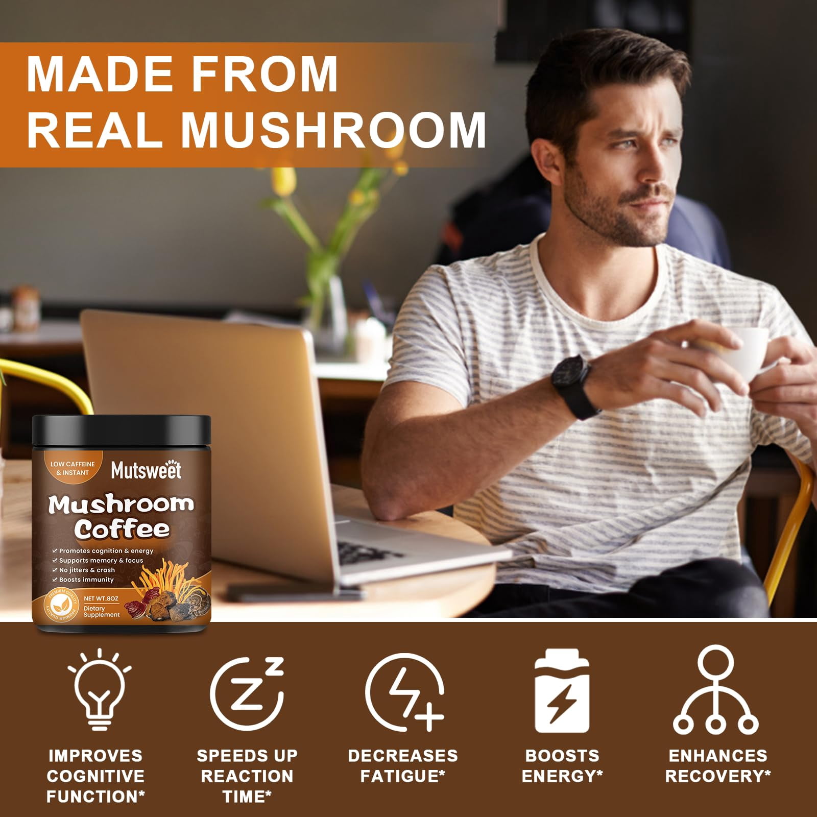 Mushroom Coffee for Smoothies/Latte, Mushroom Powder Blend - Mushroom Supplement for Energy, Focus, Immune Support - 16oz