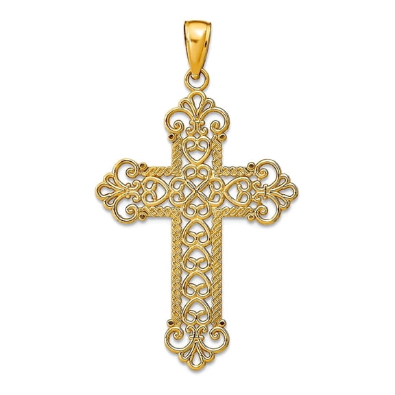14k Yellow Gold Solid Textured Polished Large Rope Frame Filigree Religious Faith Cross Pendant Necklace 33.6mm long Pen