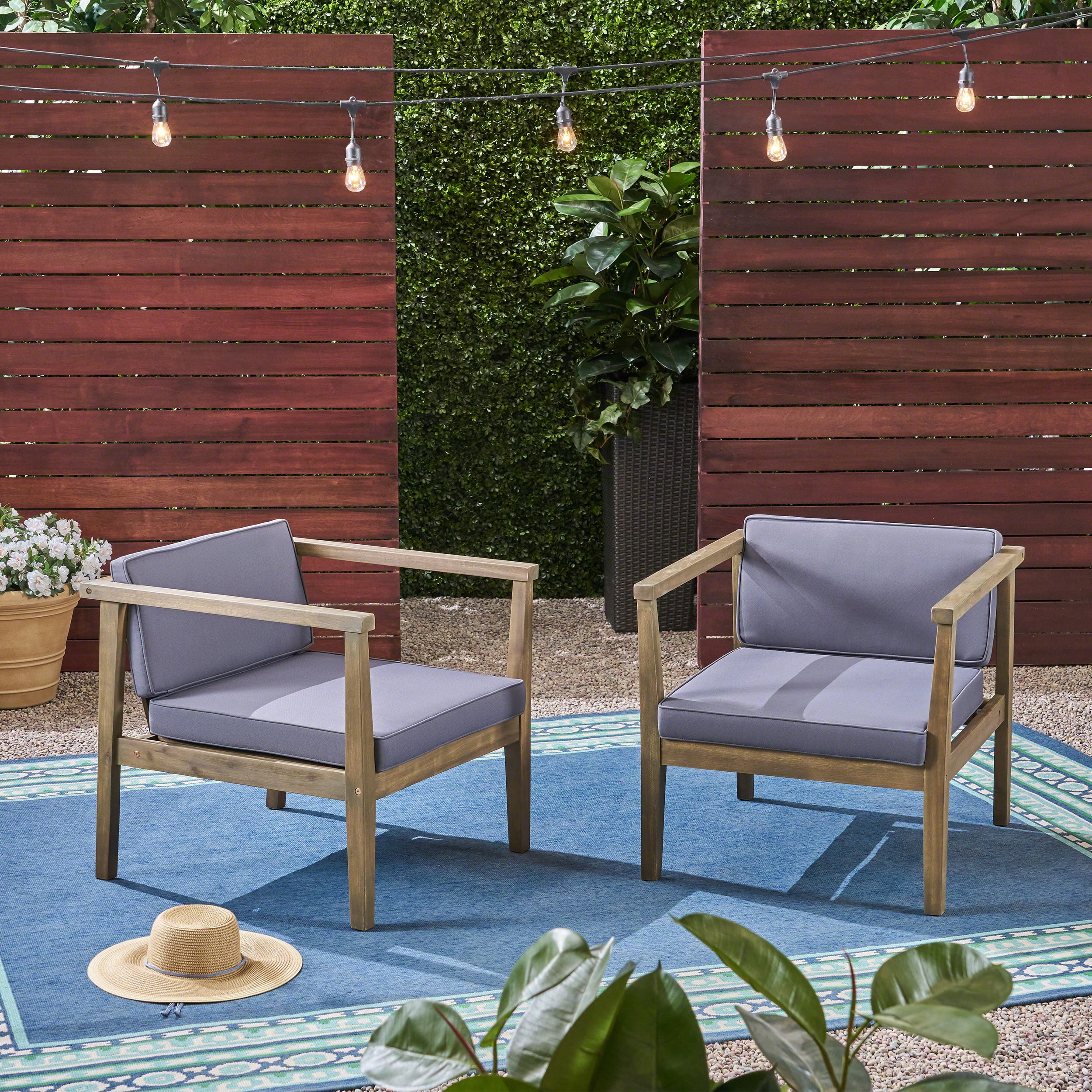 Outdoor Acacia Wood Club Chair Set of 2, Leisure Single Seats for Patio Garden, Gray and Dark Gray