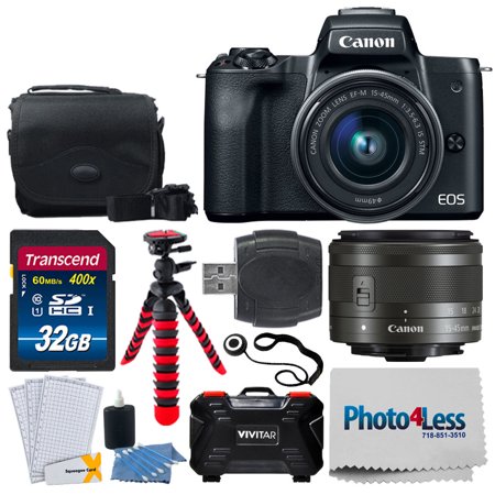 Canon EOS M50 Mirrorless Digital Camera + EF-M 15-45mm f/3.5-6.3 IS STM Lens (Graphite) + 64GB Memory Card + Camera/Camcorder Bag + Quality Tripod + UV Filter + USB Card Reader – Full Accessory