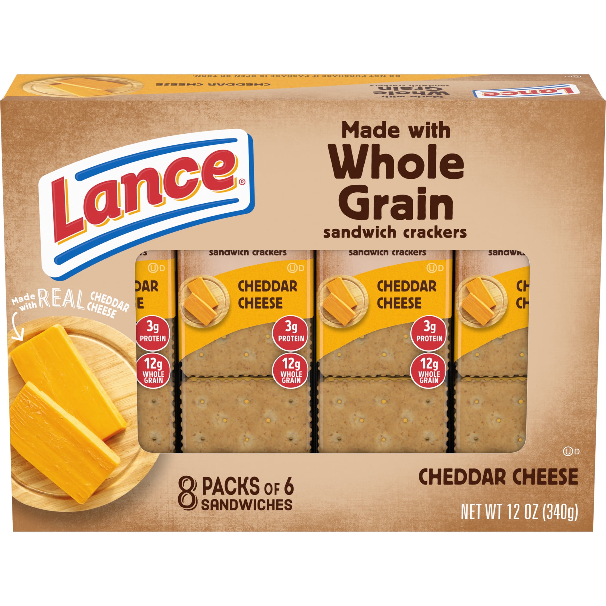 Lance Sandwich Crackers, Made with Whole Grain Crackers, Cheddar Cheese, 8 Packs, 6 Sandwiches Each