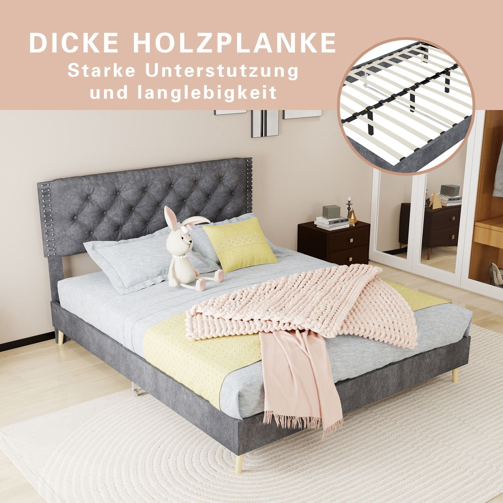 Alvantor Queen Size Upholstered Bed Frame with Padded Headboard, Holland Velvet Tufted Gray