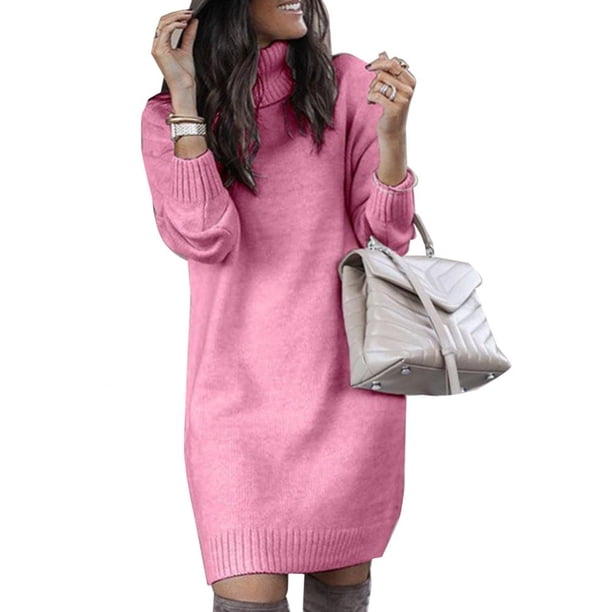 Vestido suelto de invierno para mujer, vestido hasta la rodilla, manga larga, cuello alto de otoño, suéter de punto cálido, vestido hasta la rodilla