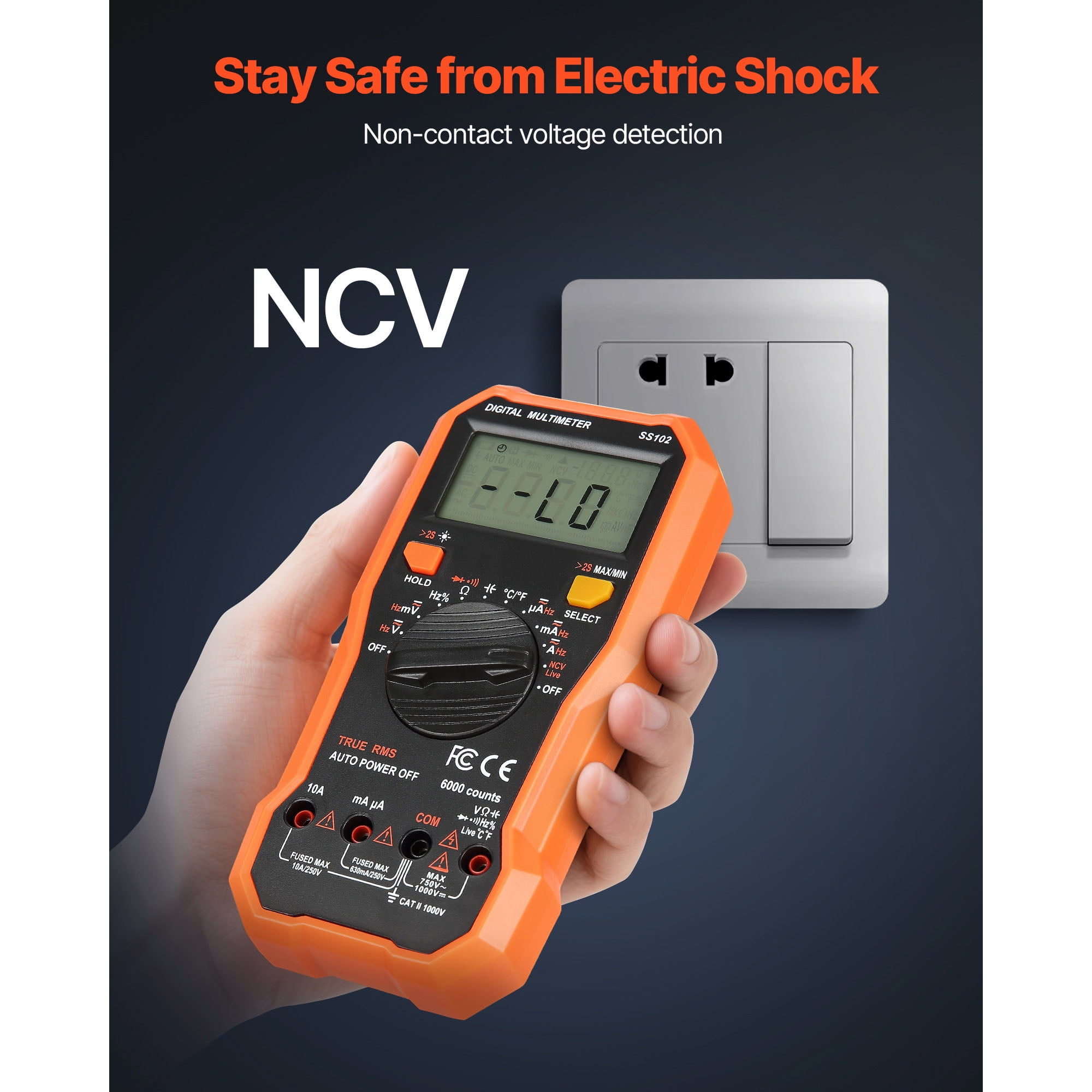 KFFKFF Digital Multimeter, 6000-Count TRMS AC/DC Voltage and Current Tester, Professional NCV Meter for Measuring Voltage, Current, Resistance, Capacitance, Temperature, Diodes, Continuity