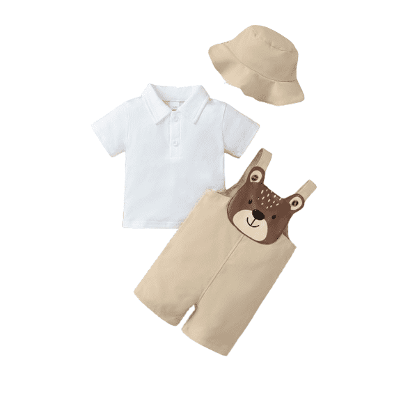 PureChapter Baby Boys Bear Pattern Short Overalls Set - Polo Shirt,Overalls & Hat 3Pcs for Little Gentleman
