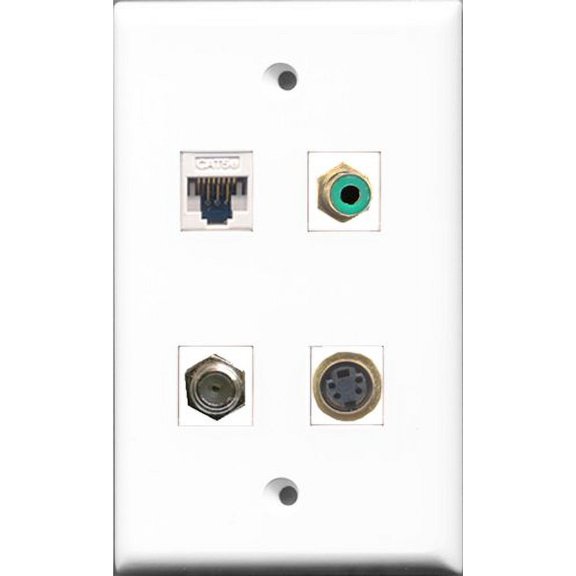 RiteAV 1 Port RCA Green and 1 Port Coax Cable TV- F-Type and 1 Port S-Video and 1 Port Cat5e Ethernet White Wall Plate