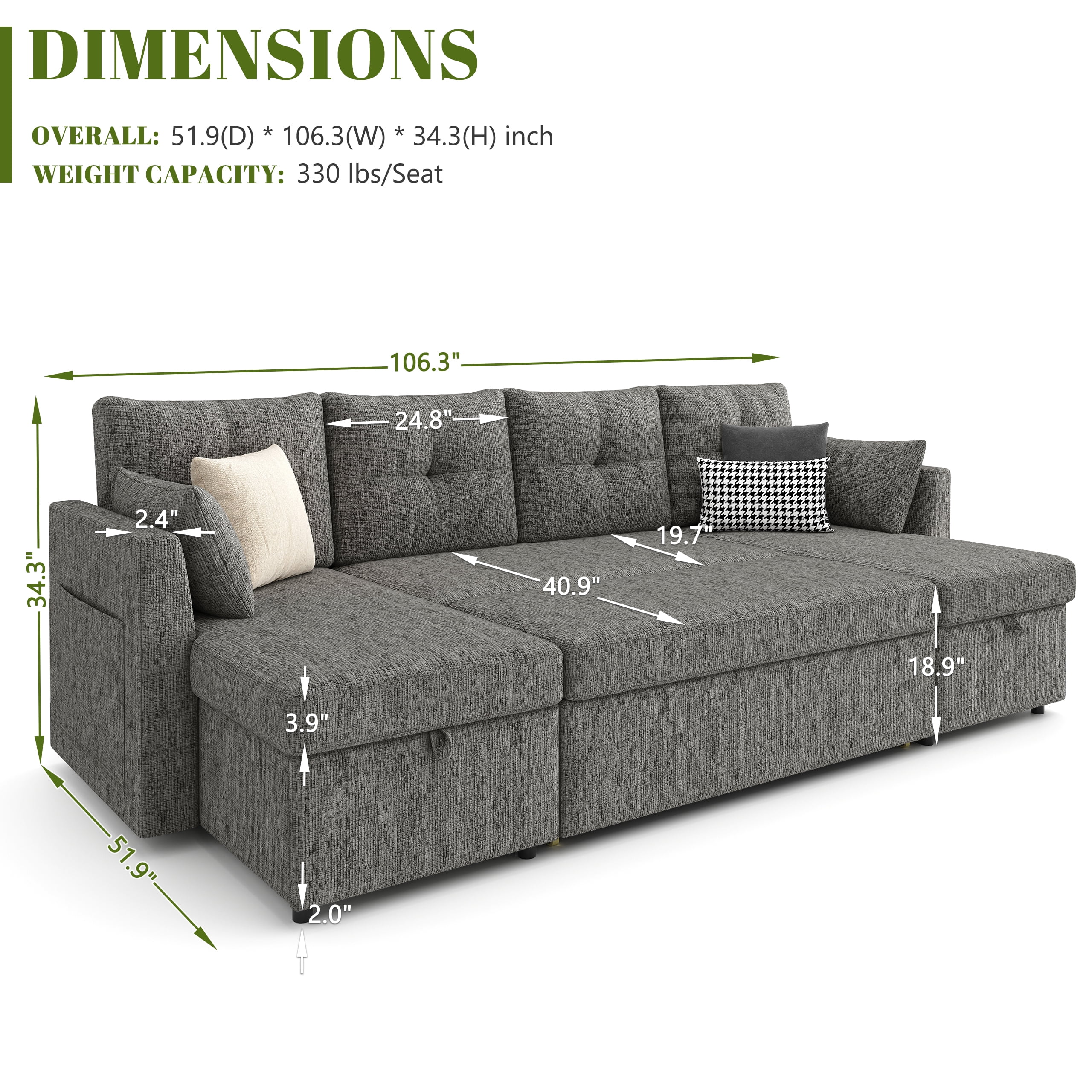 Mangodan 110 inch Sectional Oversized Sleeper Sofa with Side Pocket , Pullout Couch Bed with Double Storage Chaise, Dark Grey