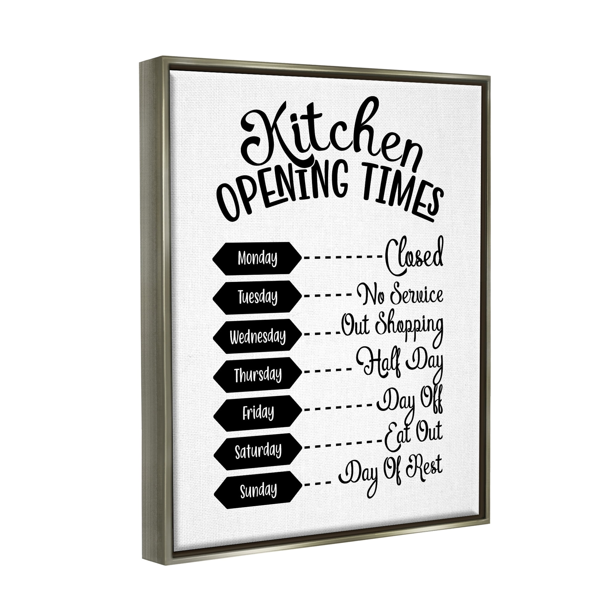 Stupell Industries Kitchen Opening Times Humorous Antique Text Style Graphic Art Luster Gray Floating Framed Canvas Print Wall Art, Design by Lettered and Lined