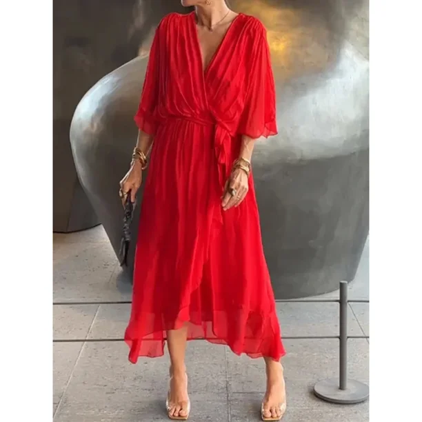 Vestido cruzado con cuello en V para mujer, jersey de media manga de murciélago, dobladillo de malla transparente, vestido elástico de cintura alta para viajes