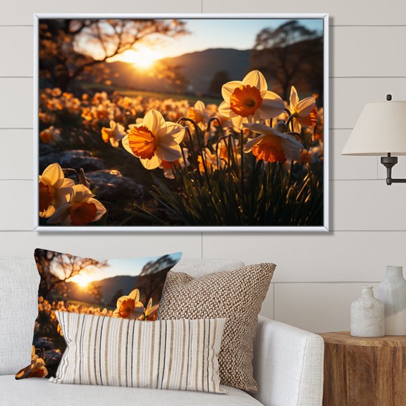 Designart "Daffodils landscape Sunrise III" Floral Floater Framed Wall Art Print