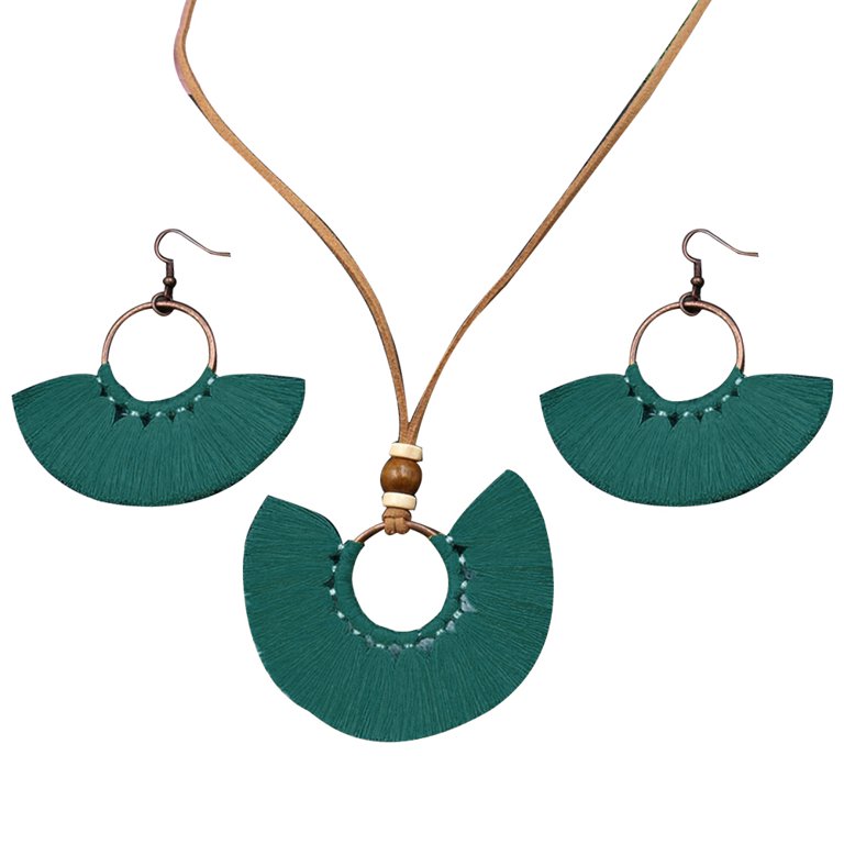 Ayyufe Vintage Fan Shape Tassel Circle Pendant Necklace Hook Earrings Women  Set 