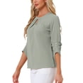 thumbnail image 4 of CURVOSPORT Camisa Elegante para Mujeres, Top de Oficina con Abertura, Frontal Plisado, Manga 3/4, Blusa de Chifón, Color Gris, 4 of 6