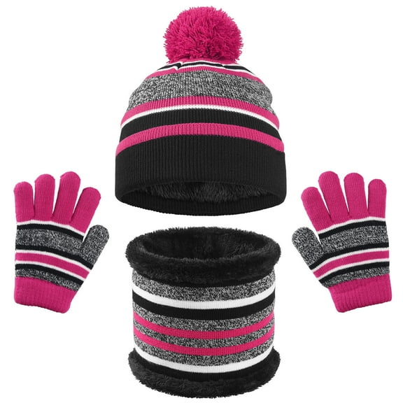 SGFCWSX Kids Winter Hat Scarf Gloves Set Boys and Girls Fleece Lined Knit Ribbed Gloves Child Beanie Warm Caps 3 Piece Sets Hot Pink Free Size