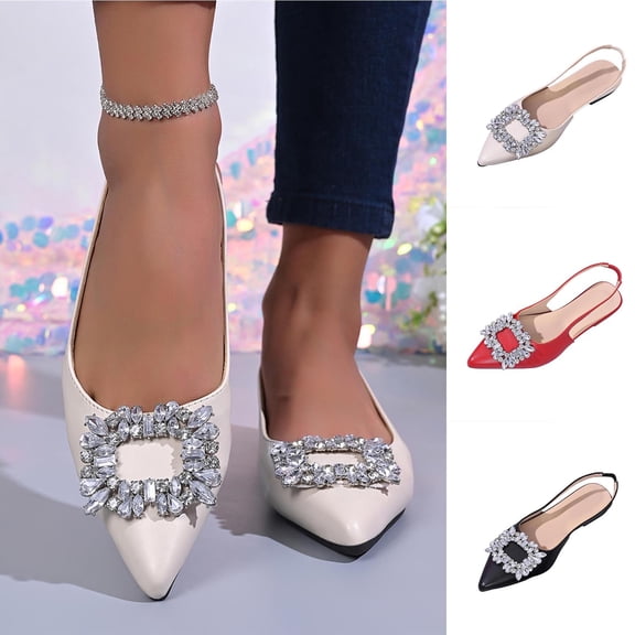 Miluxas Women Chunky Block Low Heel Pointed Toe Flats Shoes Slingback Buckle Rhinestone Crystal Party Cute Flats White 9.5(43)