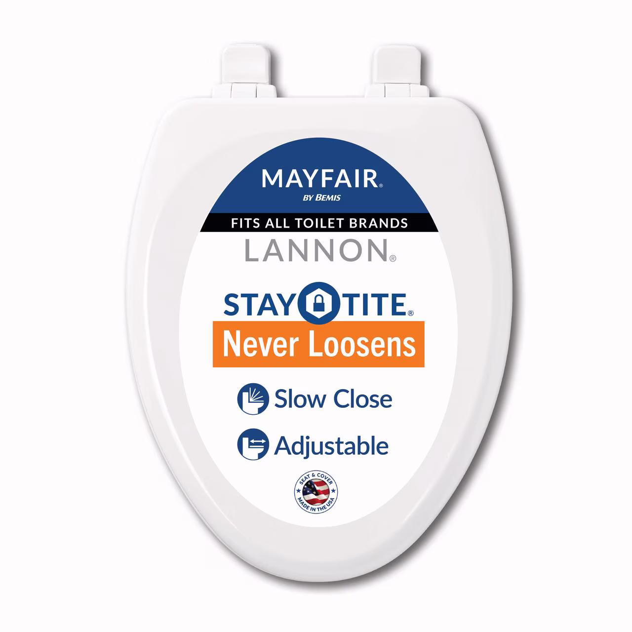 (4 pack) Mayfair Lannon® Slow Close Elongated Enameled Wood Toilet Seat in White Adjustable and Never Looosens