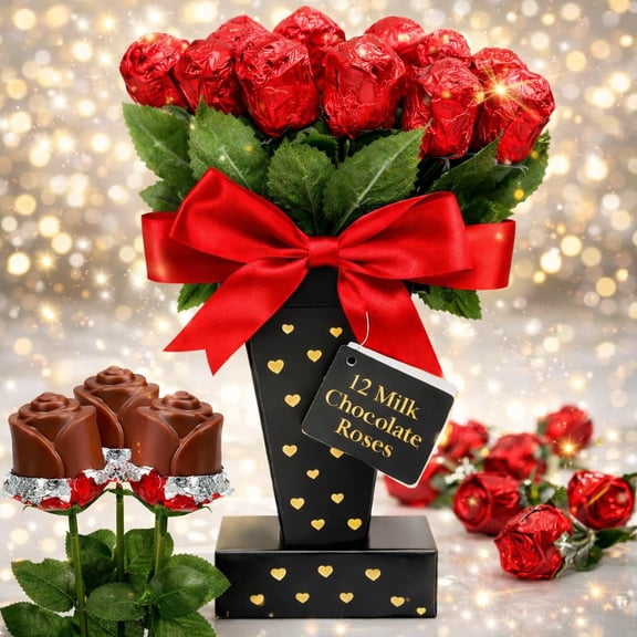 Belgian Milk Chocolate Roses Gift Box, Edible Flower Bouquet, 12 Pieces