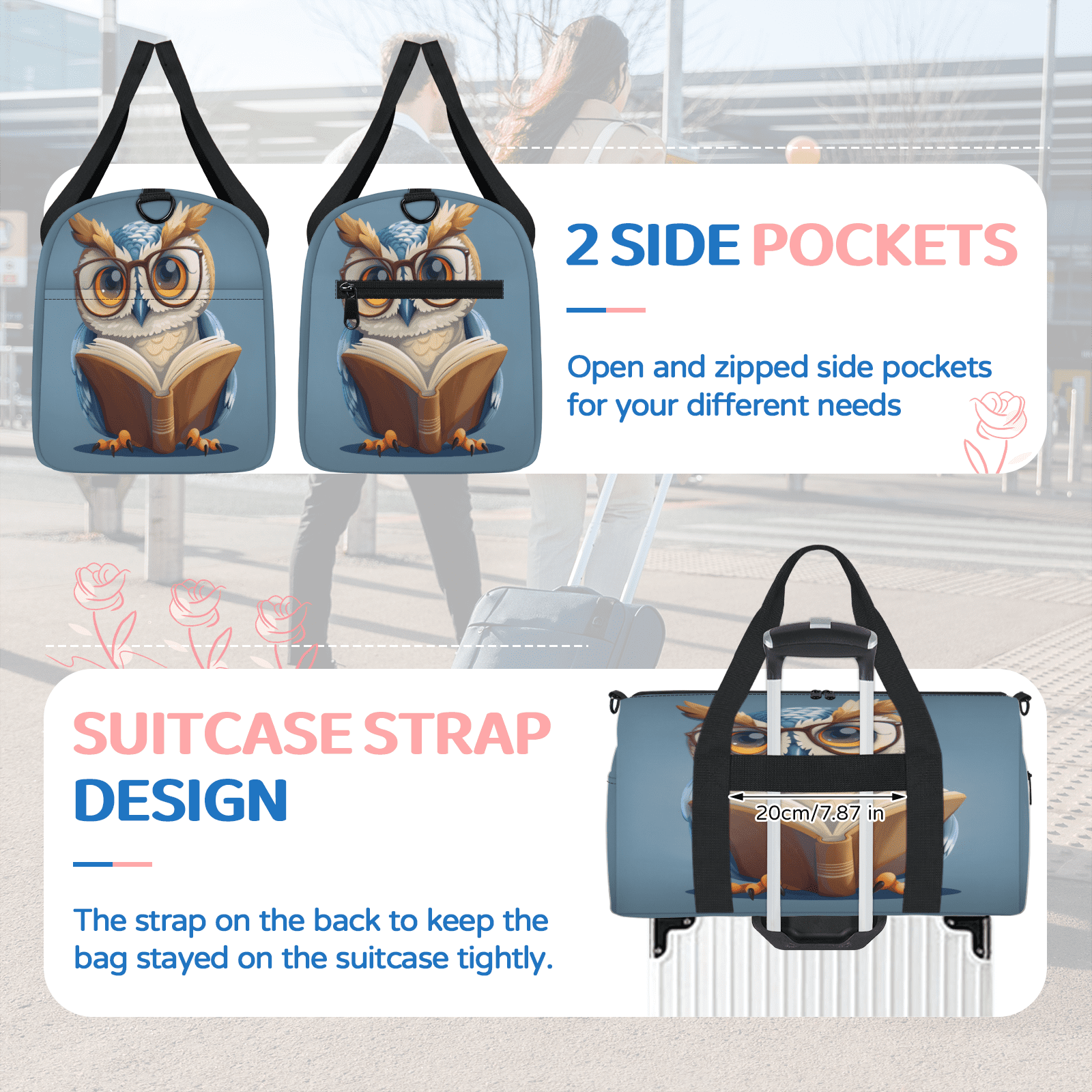 Herdesigns Owl Travel Duffle Bag Sports Yoga Weekender Overnight Carry on Workout Bags Lightweight Waterproof Gym Tote Bag for Women Funny