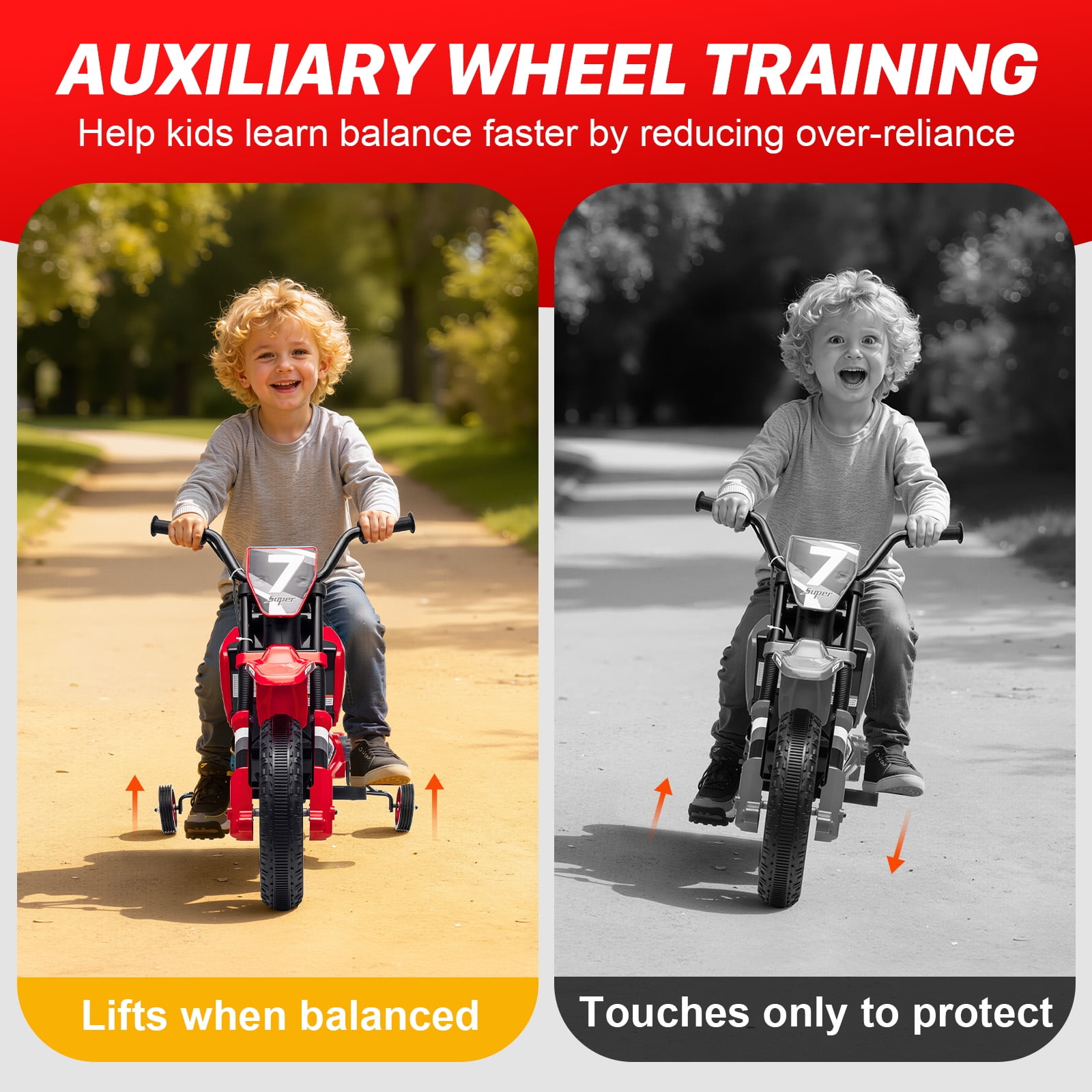Mukidy 12V Electric Motorcycle for Kids Dirt Bike Ride on Toy Battery Powered Off-Road Motorbike w/ Training Wheels, Age 3-8 Year Old, Red
