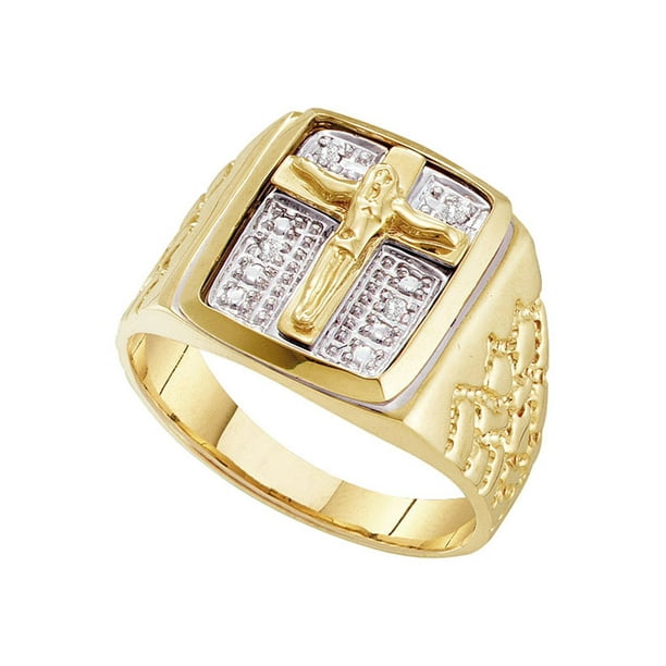 10kt Yellow Gold Mens Round Diamond Crucifix Jesus Cross Ring 1/20 Cttw