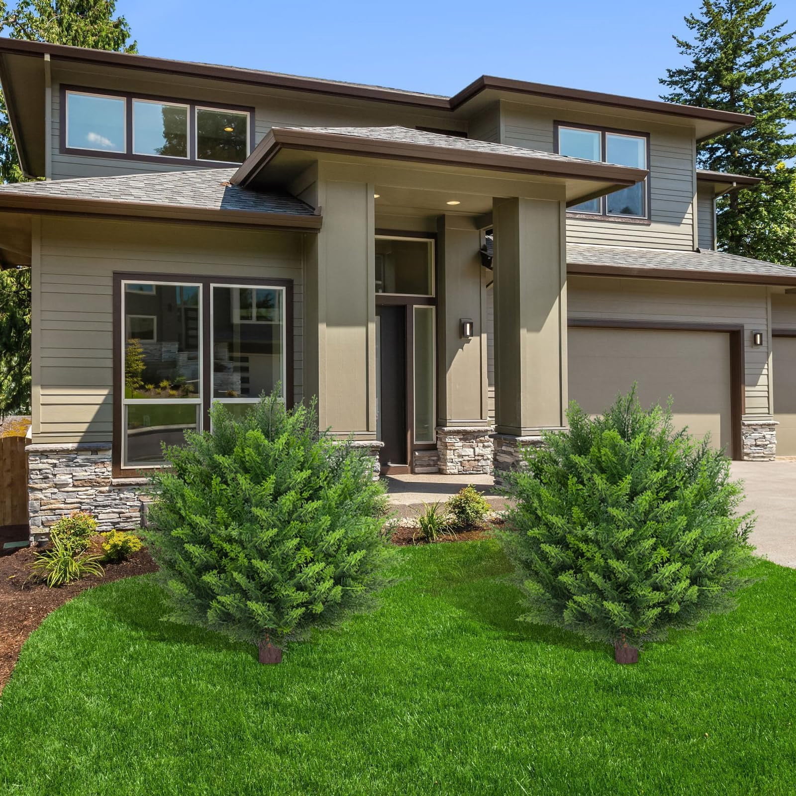Artificial Cedar Shrub Ball Trees with Ground Spikes, Faux Bush Plants, Outdoor Artificial Plants Fake Cedar Potted with Ground Spike for Home Front Porch Decor Outside Garden Clearance