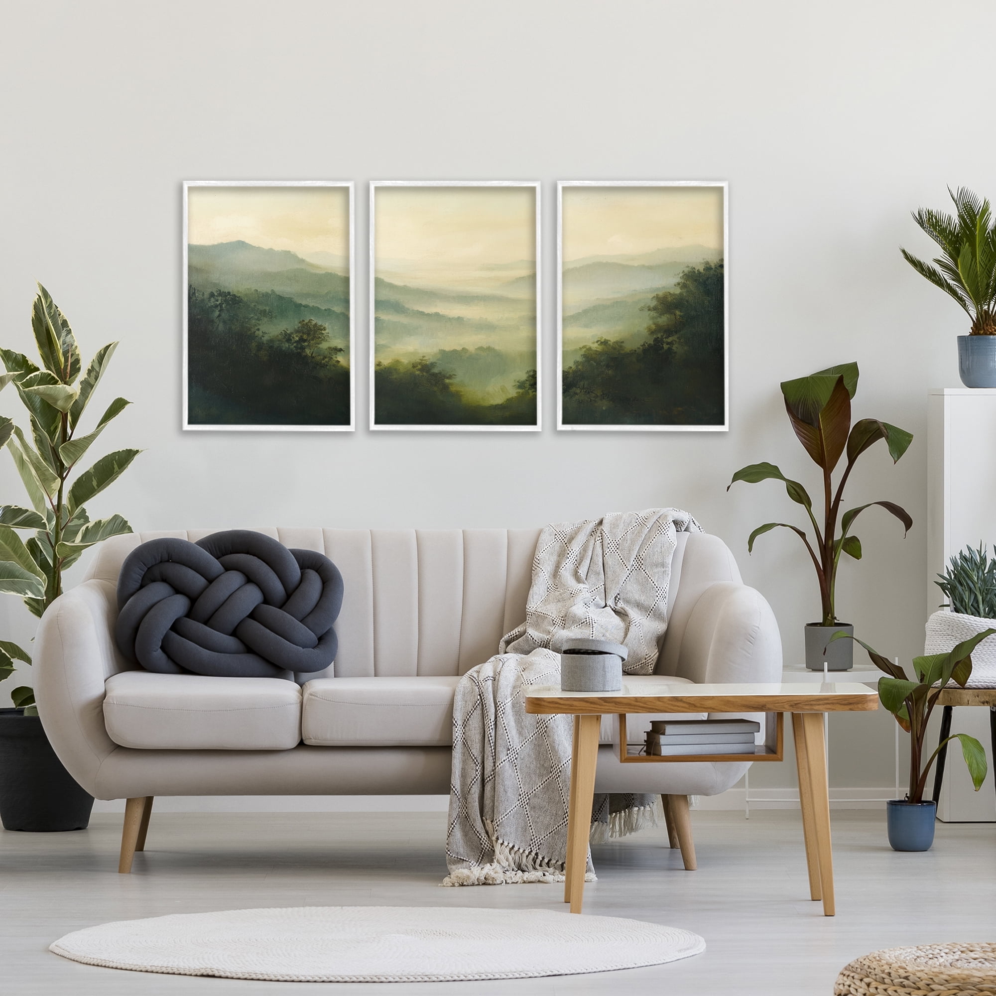 Stupell Industries Through The Haze Mountain Panorama 3 Piece White Framed Giclee Art Set, design by Petal Prints Design