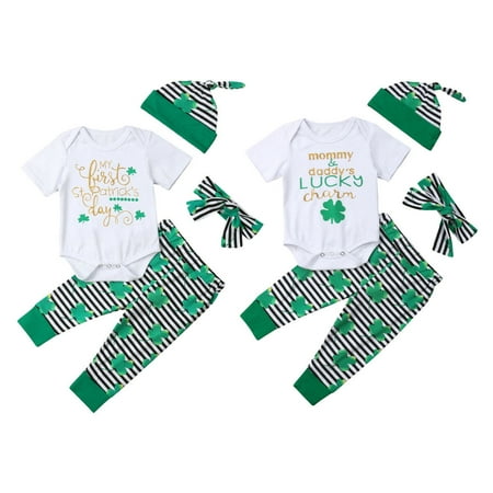 4Pcs Newborn Baby Boy Girl My 1st St.Patrick's Day Romper Pants Clothes Outfits