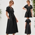thumbnail image 2 of PUWEI Women's Pleated Shirt Dress Summer Casual Short Sleeve V Neck Button Down Dresses Workwear with Tie, 2 of 7