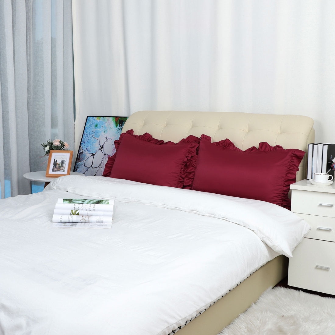 Unique Bargains 2-Piece Satin Ruffled Edge Pillowcases, Standard, Burgundy