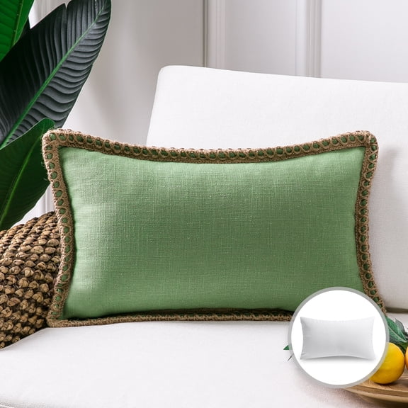 Phantoscope Linen Trimmed Farmhouse Series Decorative Throw Pillow, 12" x 20", Green, 1 Pack