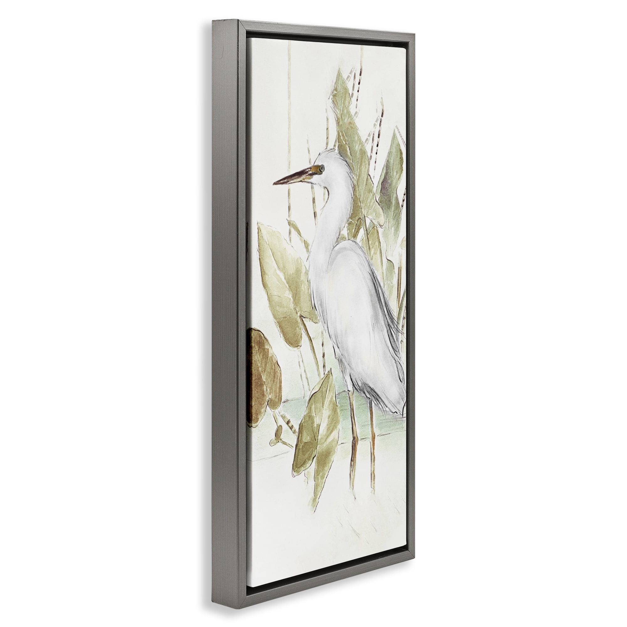 Stupell Industries Egret in Lake Drawing Animals & Insects Drawing Gray Floater Framed Canvas Art Print Wall Art, 15 x 31