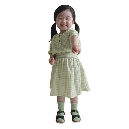 

QYZEU Tea Party Dress for Little Girls Little Girl Formal Dresses Girls Cotton Summer Plaid Collar Short Sleeve Princess Dress Clothes