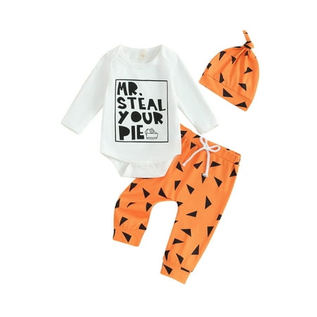 

GXFC Baby Girls Boys Halloween Outfits Letter Print Long Sleeve Rompers Geometry Print Long Pants Hat 3Pcs Fall Clothes Set