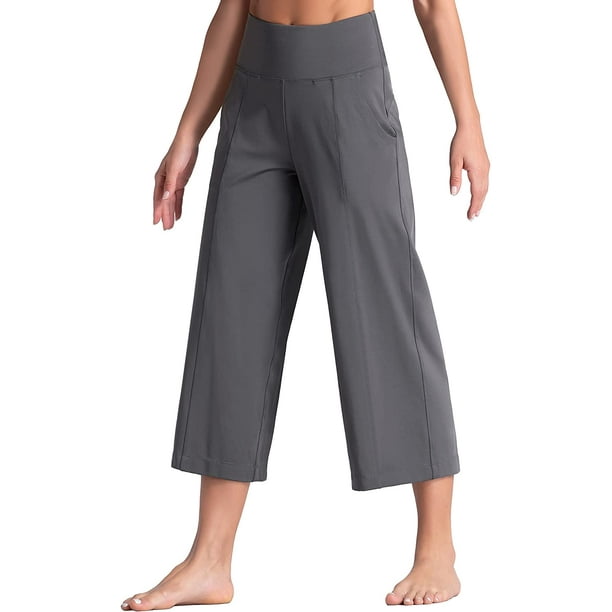 KINPLE Womens Wide Leg Capri Pants Stretch Dress Pants Cross High Waist  Flare Pants with Pockets for Yoga Casual Work
